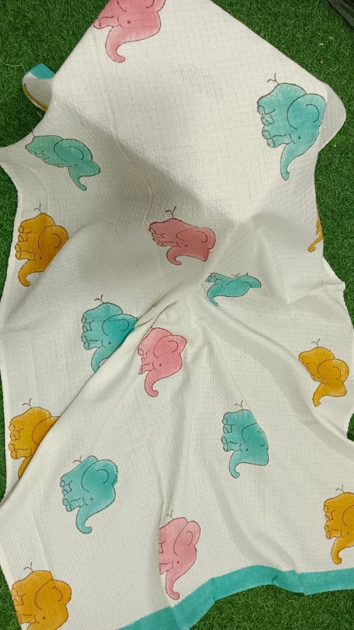 Kids Handblock Printed Waffle Towel-Rainbow Elephants