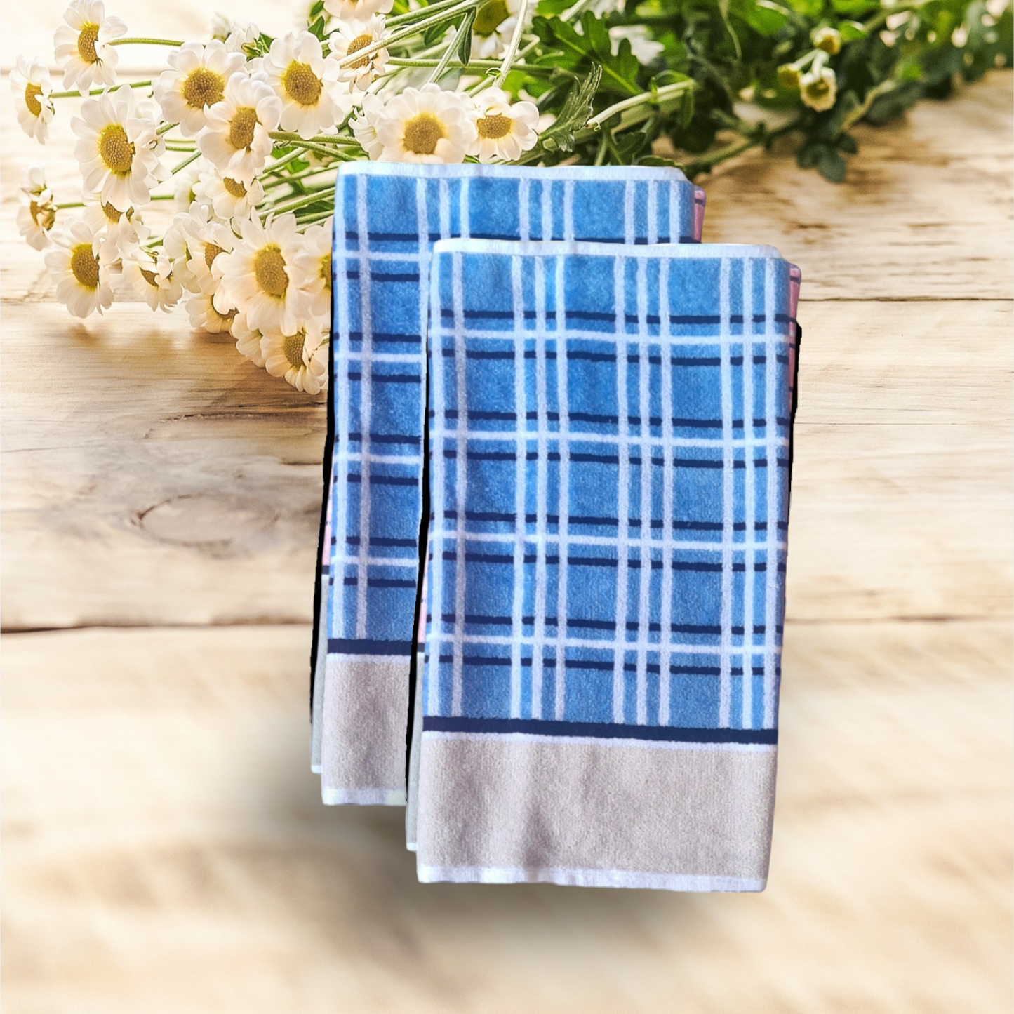 Checks Cotton Hand Towel -Blue (Pair)