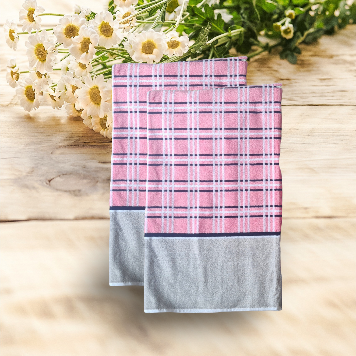 Checks Cotton Hand Towel -Pink (Pair)