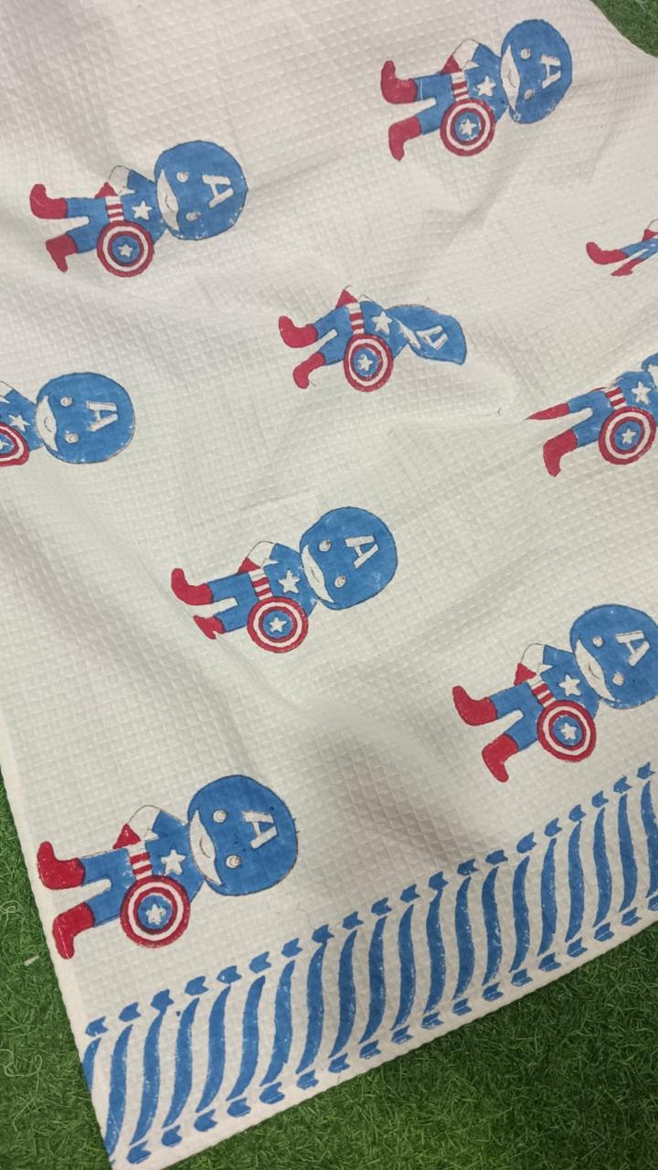 Kids Handblock Printed Waffle Towel- Mighty Captain America