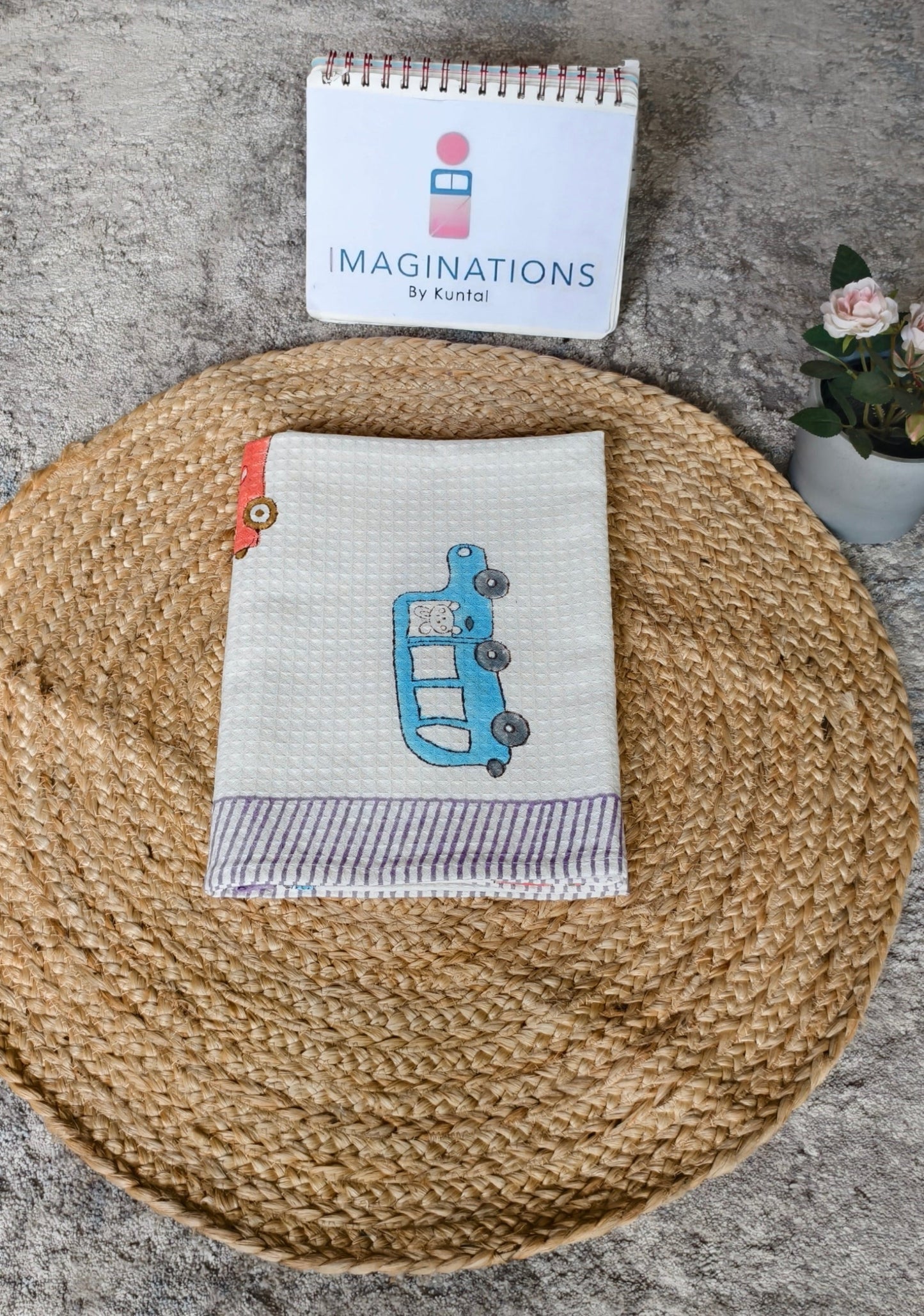 Kids Handblock Printed Waffle Towel-Car Carnival