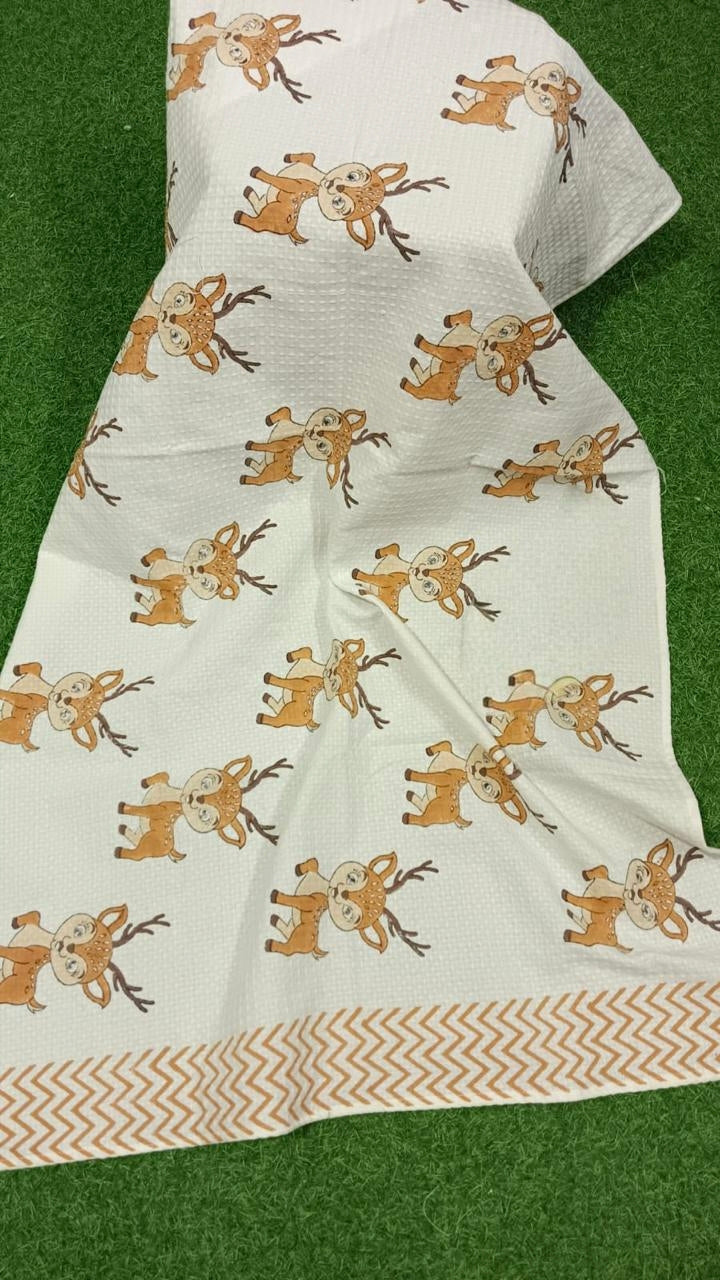 Kids Handblock Printed Waffle Towel-Fawn Friends