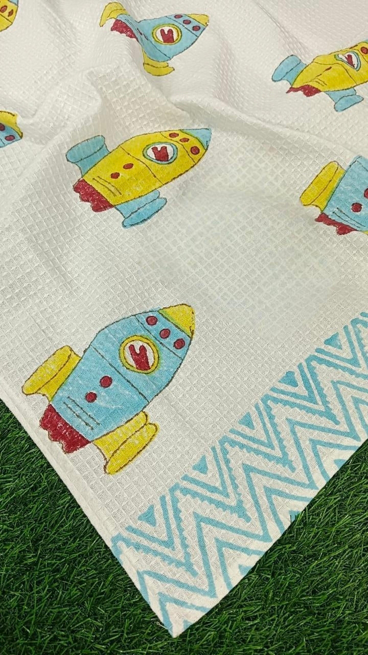 Kids Handblock Printed Waffle Towel-Rocket Ride