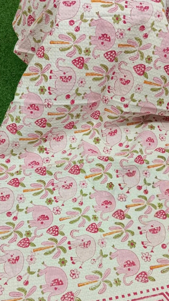 Kids Handblock Printed Waffle Towel-Rosy Elephants