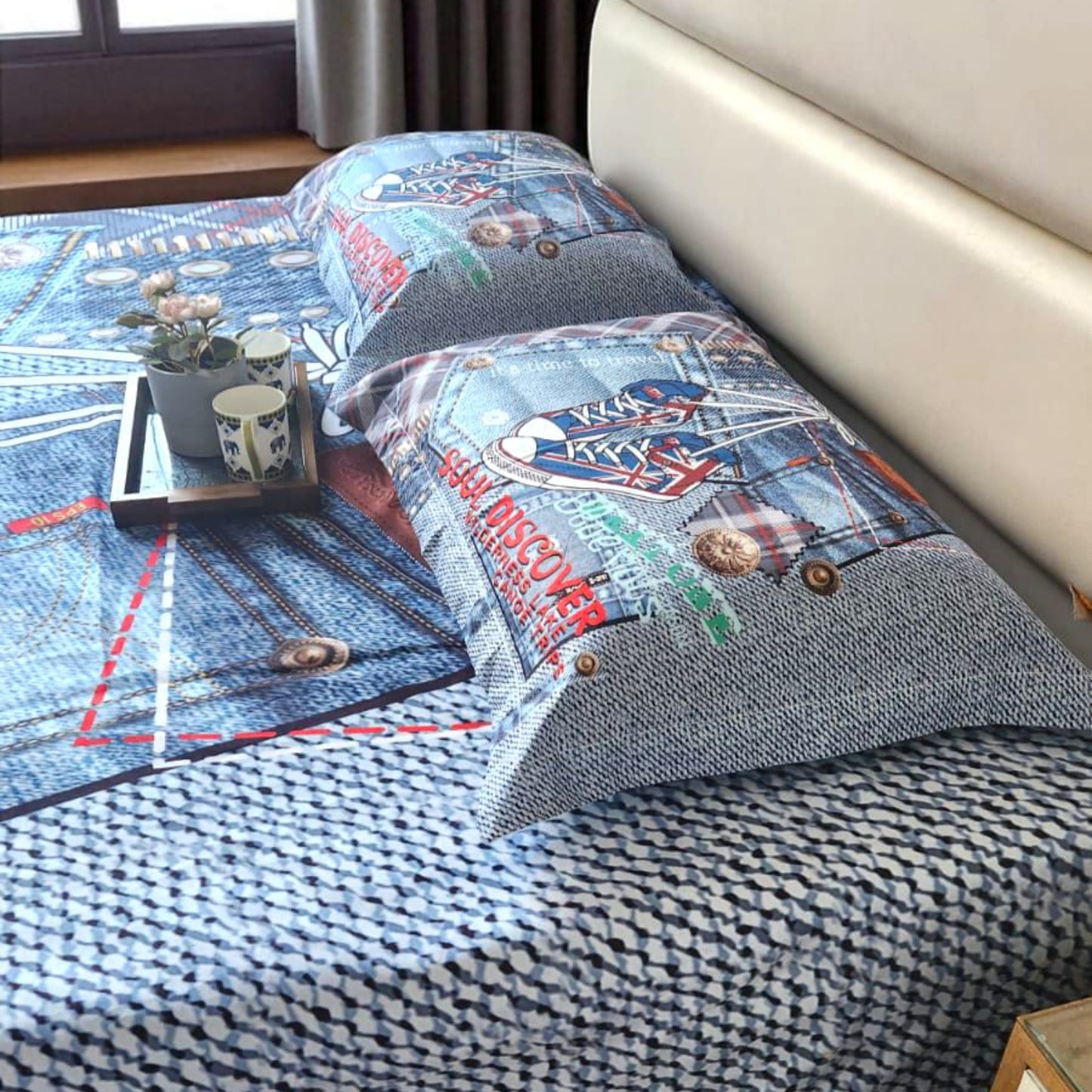 Denim Shoe  King Glaze Cotton Bedsheet —Blue