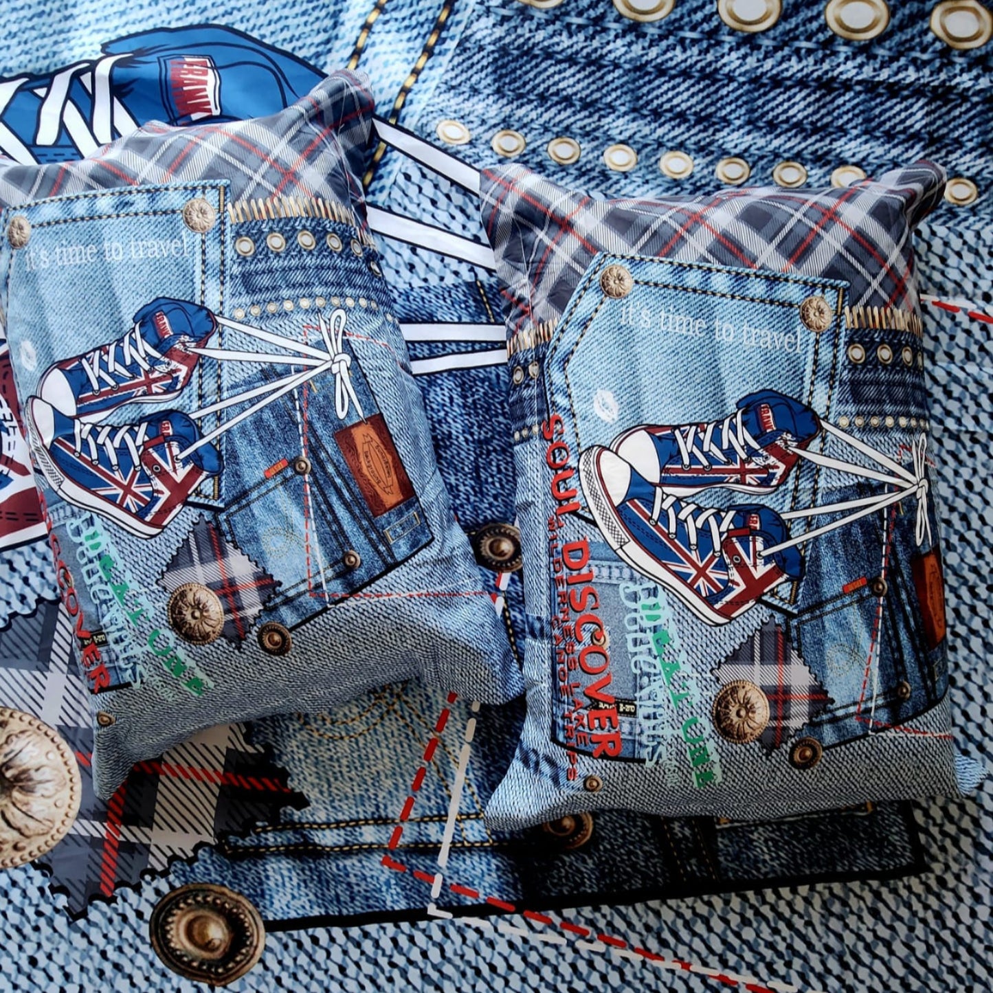 Denim Shoe  King Glaze Cotton Bedsheet —Blue