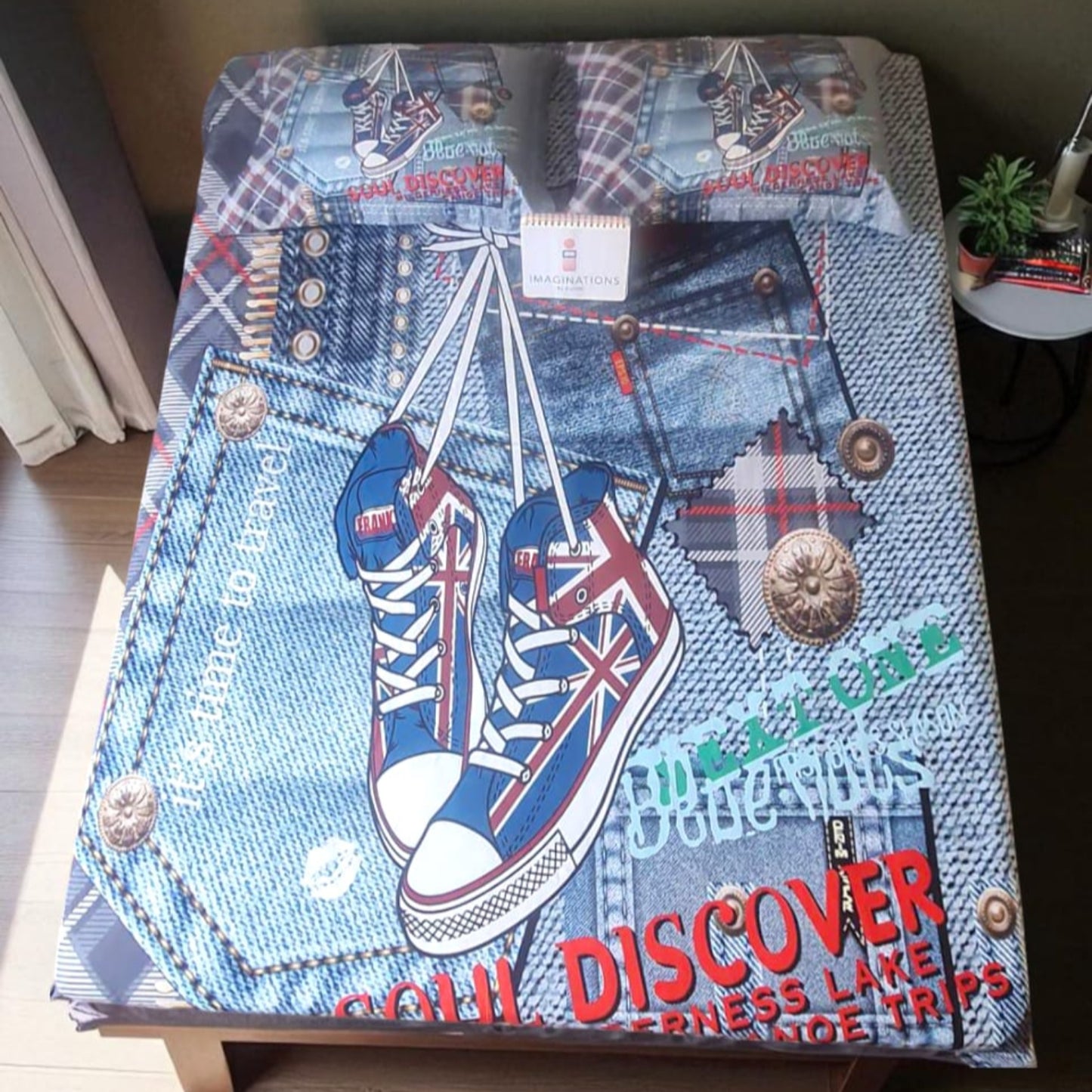 Denim Shoe  King Glaze Cotton Bedsheet —Blue