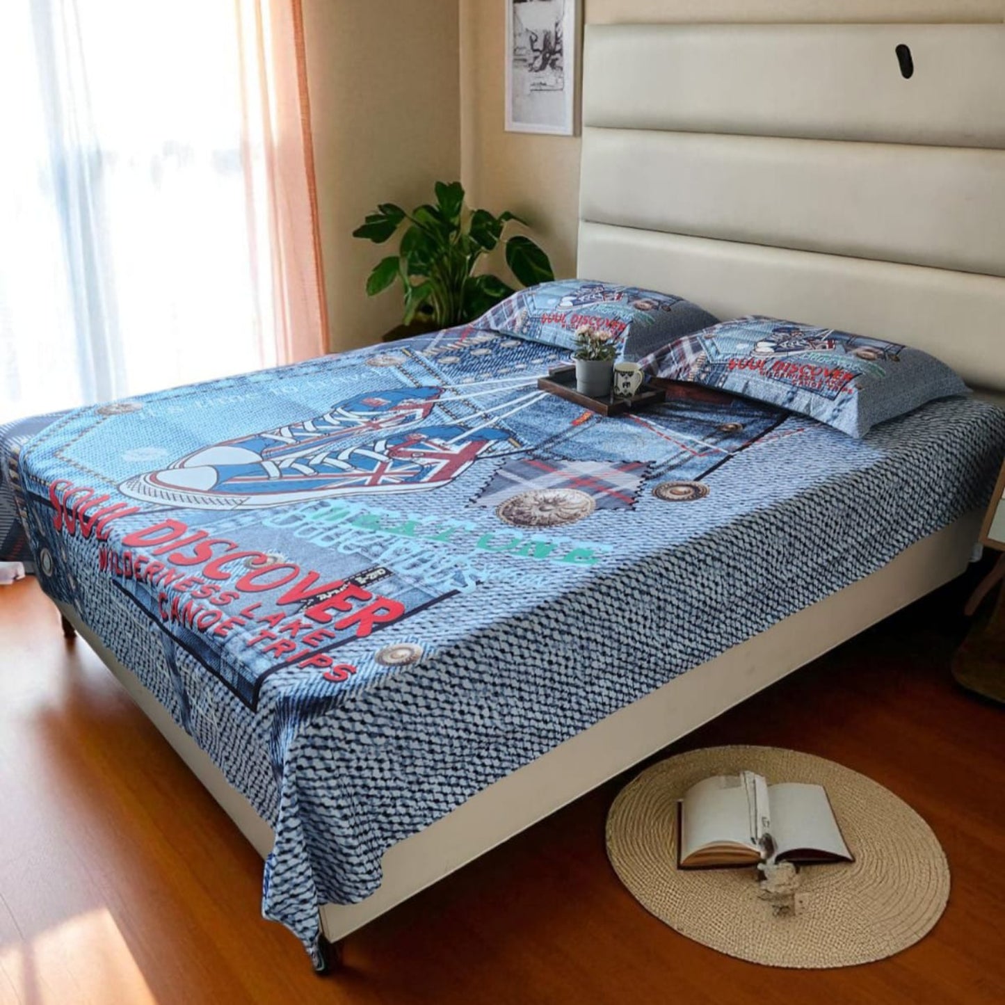 Denim Shoe  King Glaze Cotton Bedsheet —Blue