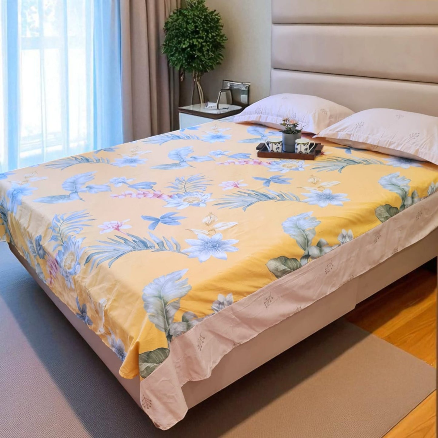 Floral King Glaze Cotton Bedsheet — Yellow