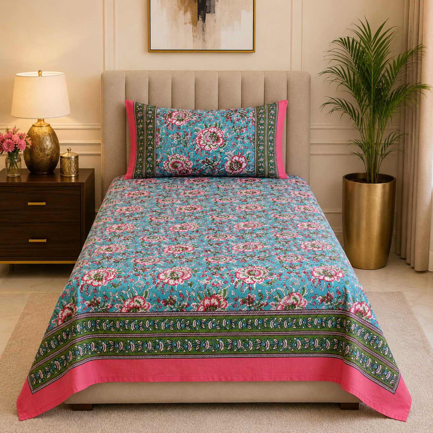 Floral Single Pure Cotton Bedsheet —Sea green