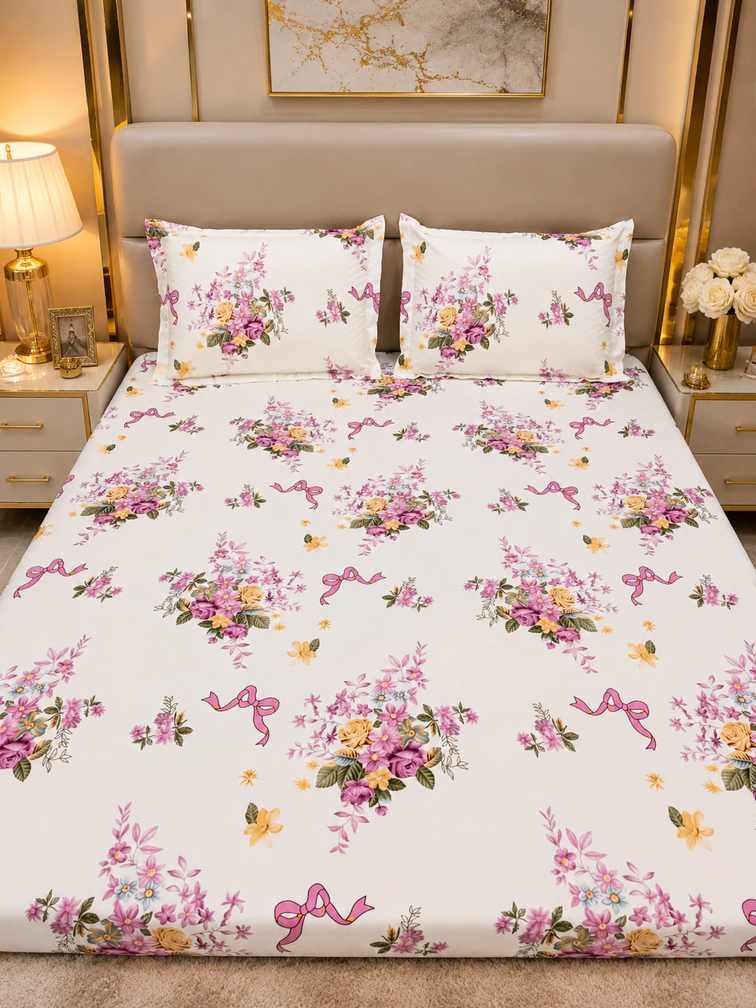 Floral Queen Glaze  Cotton Bedsheet —white