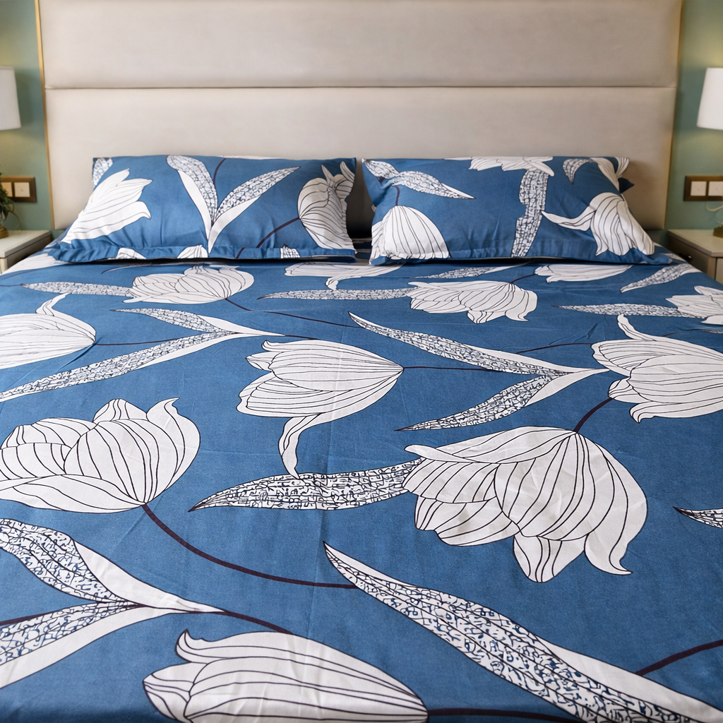 Floral Queen Glaze  Cotton Bedsheet —Aqua Flowers