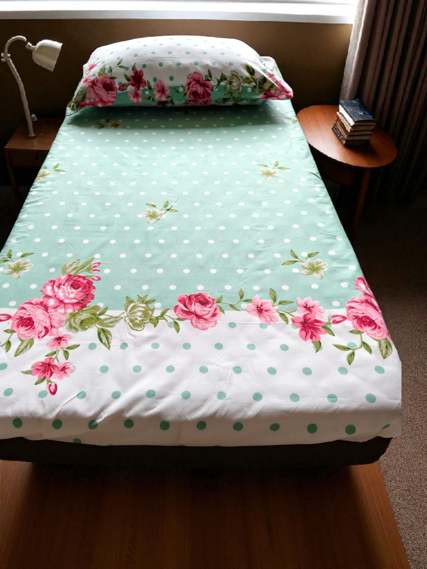 Floral Single Glaze  Cotton Bedsheet — Mint Green