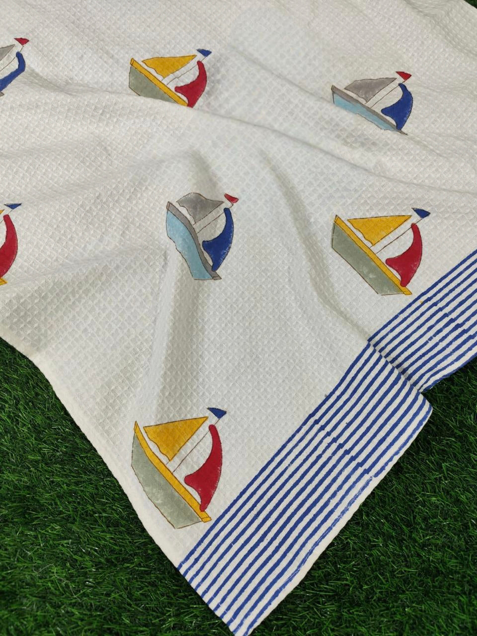 Kids Handblock Printed Waffle Towel-Little Sailors