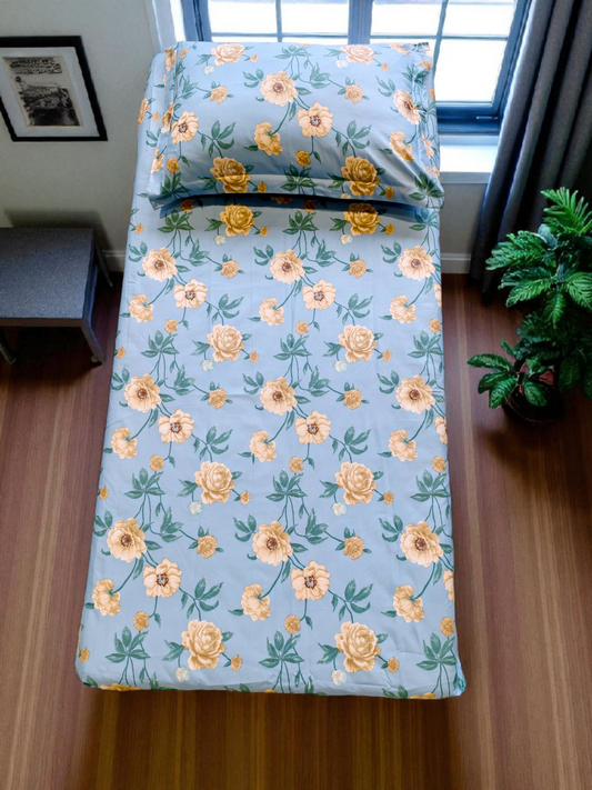 Floral Single Glaze  Cotton Bedsheet — Baby Blue
