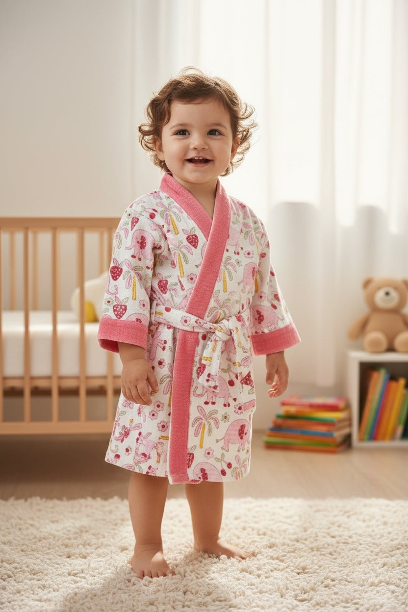 Kids Handblock Printed Waffle Bathrobe -Rosy Elephants