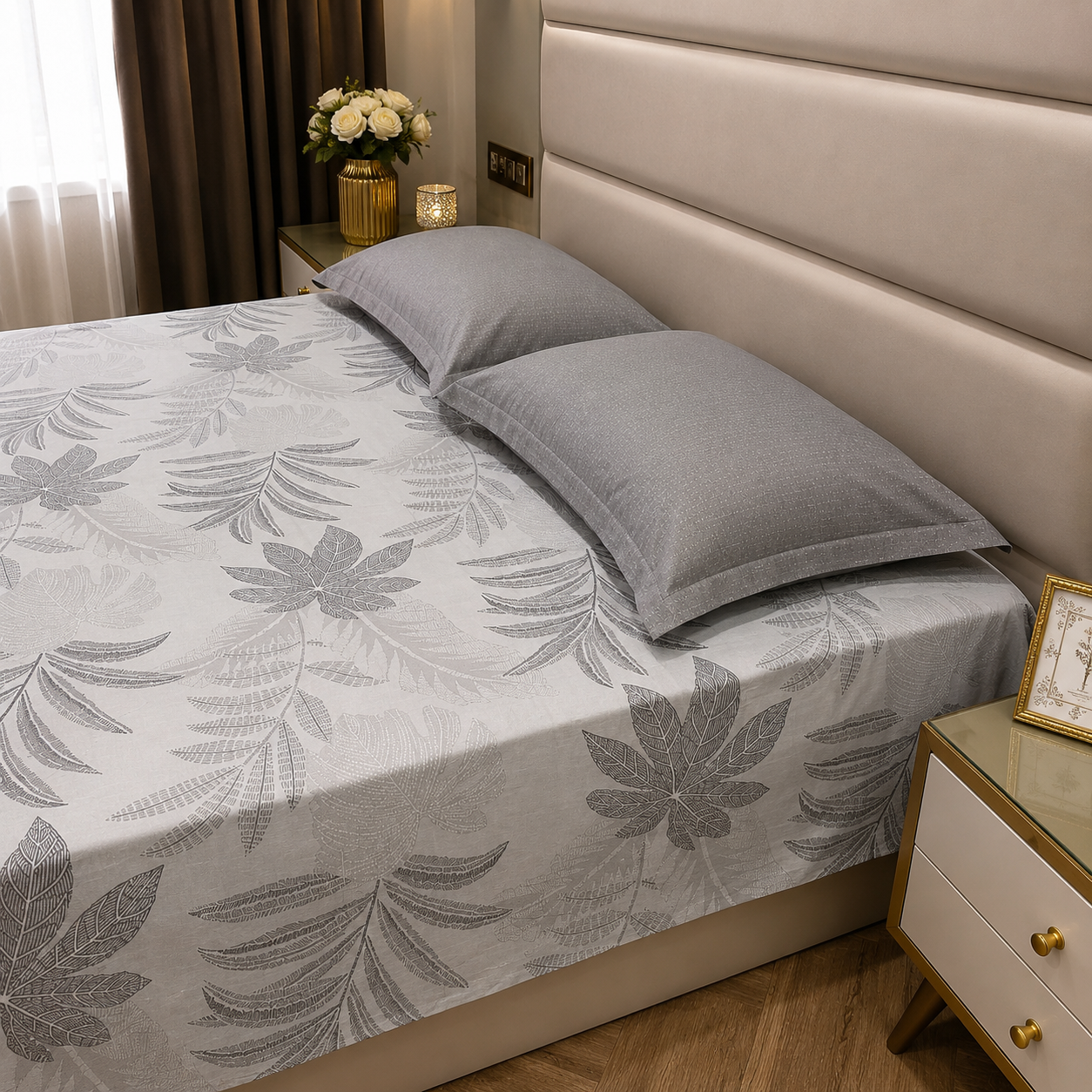 Floral Queen Pure Cotton Bedsheet —Grey