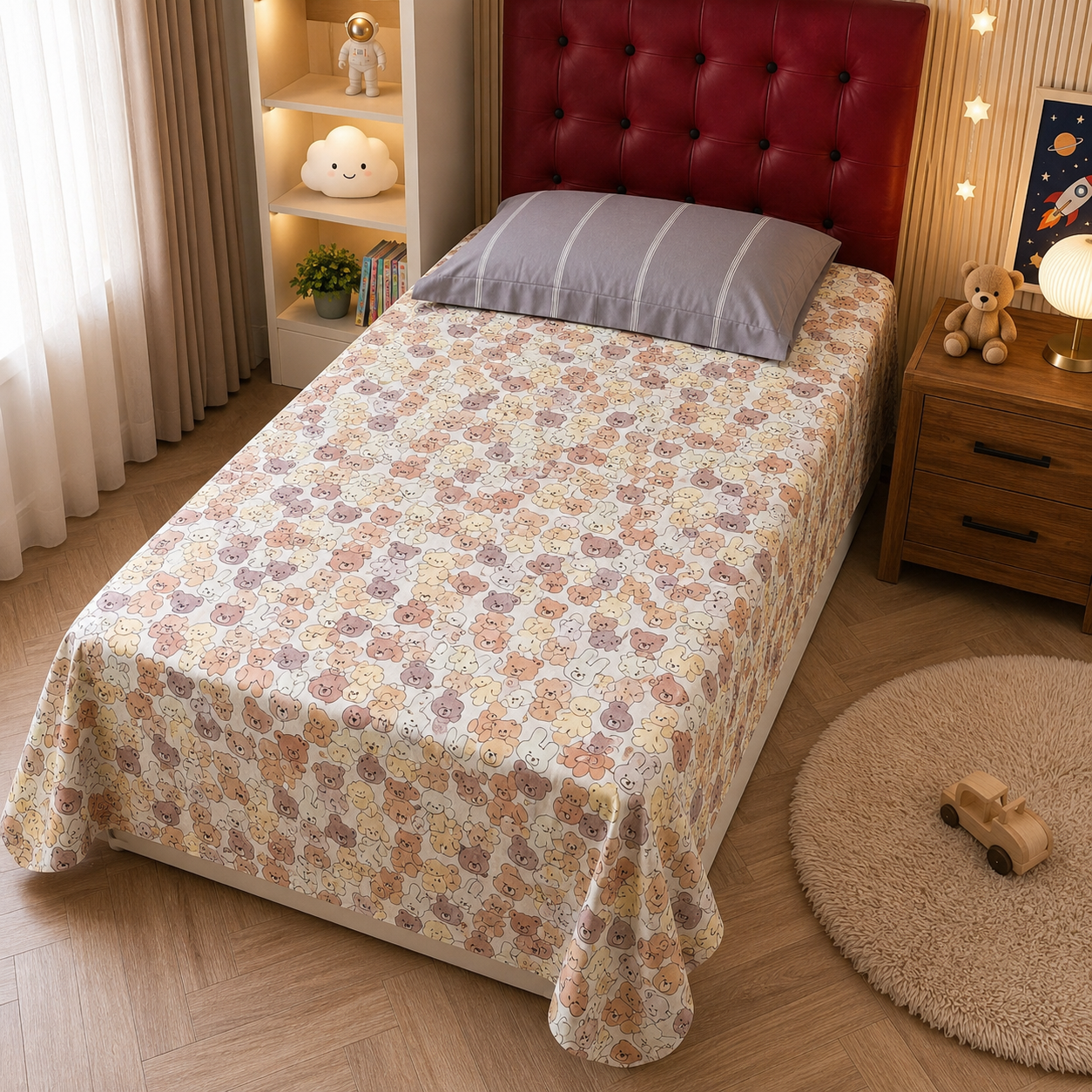 Kids Single Pure  Cotton Bedsheet — Multi Teddy
