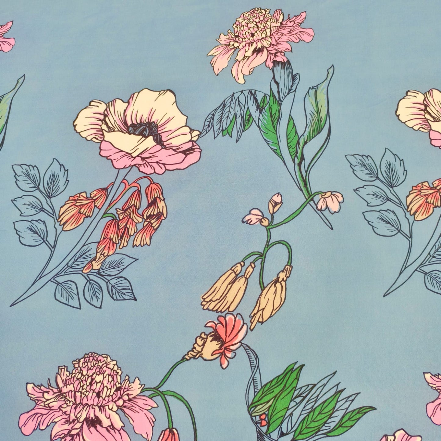 Floral Queen Glaze  Cotton Bedsheet — Blue-G02