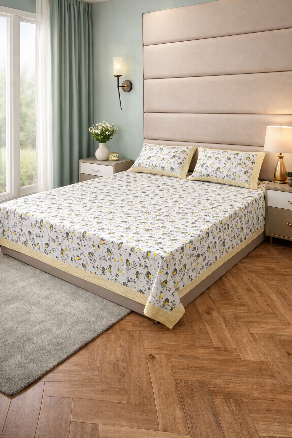 Playful Animal Kids King Pure Cotton Bedsheet-Grey