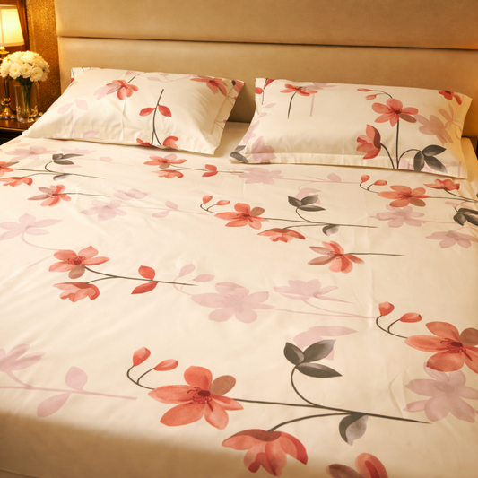 Floral Queen Glaze  Cotton Bedsheet —Cream Flowers