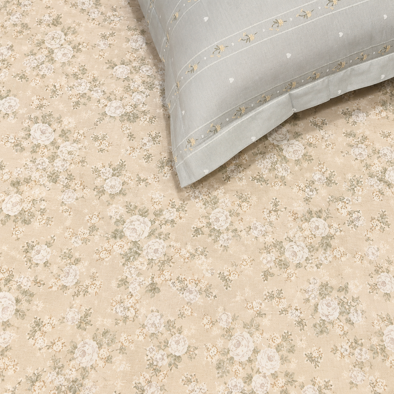 Floral Queen Pure Cotton Bedsheet —  Beige