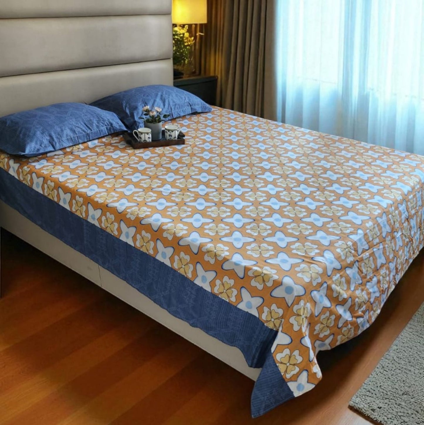 Floral King Pure Cotton Bedsheet —Orange