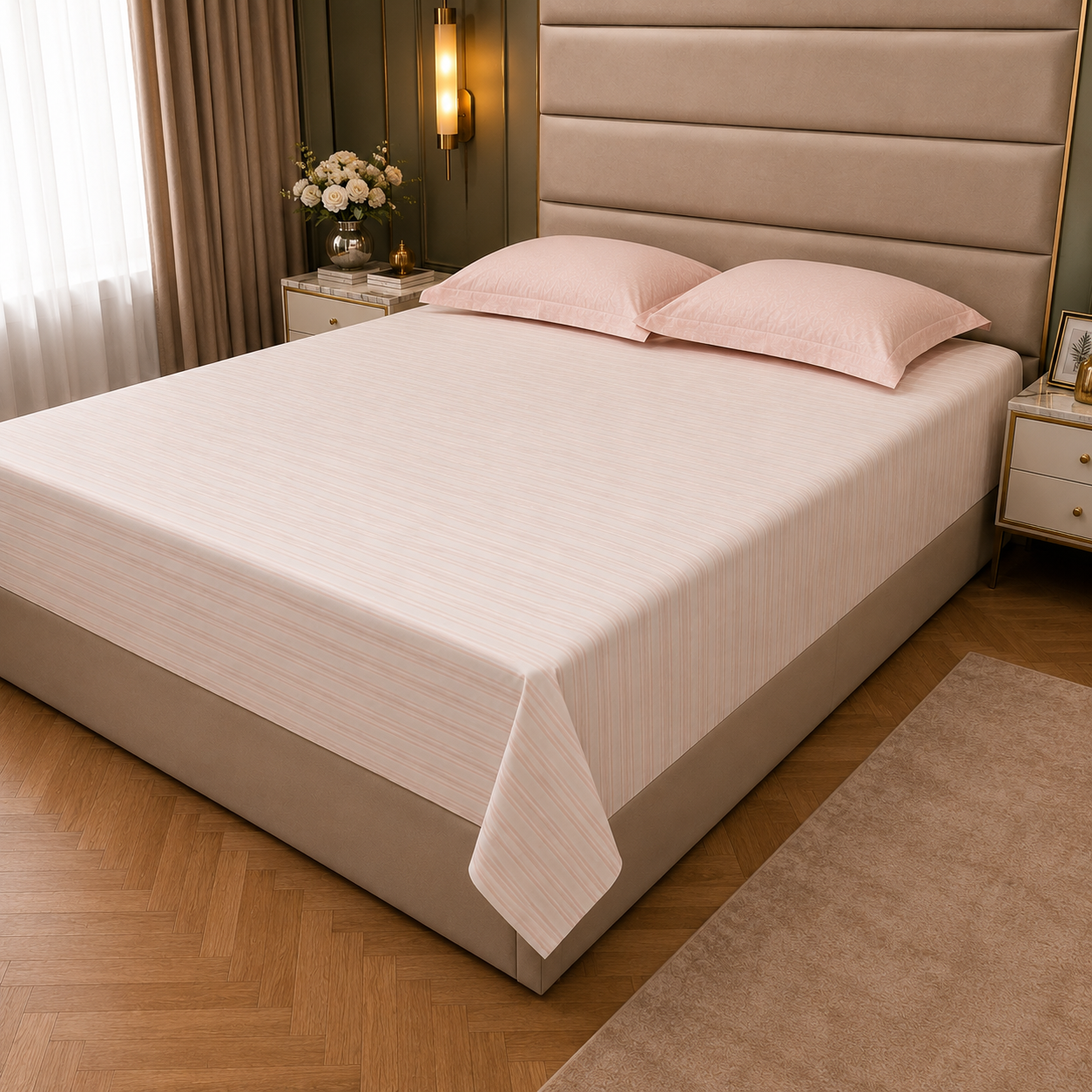 Geometric Queen Pure Cotton Bedsheet — Pink Stripes