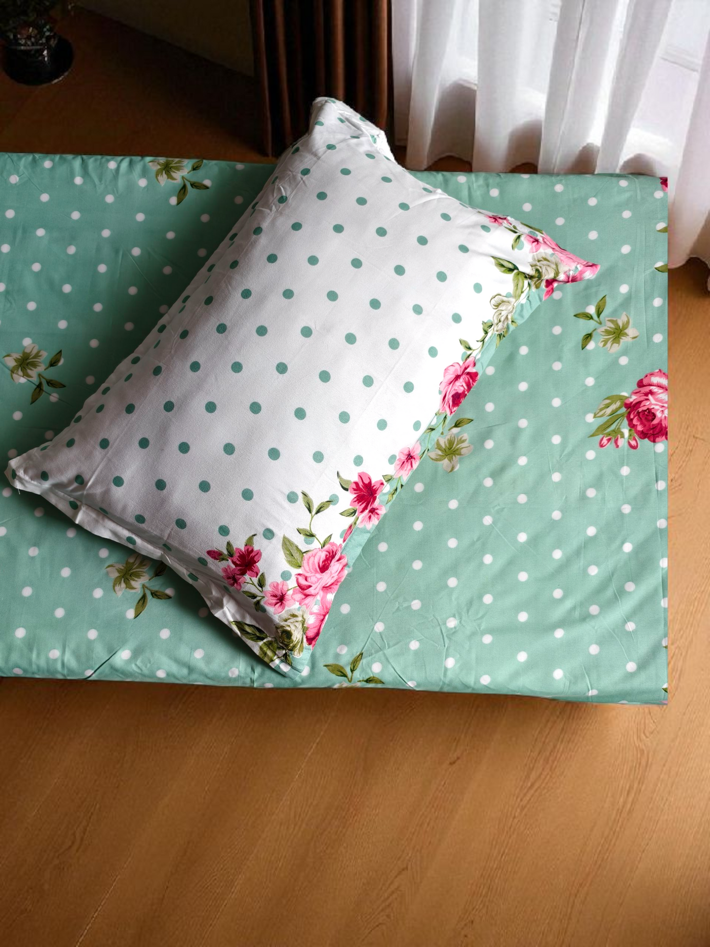 Floral Single Glaze  Cotton Bedsheet — Mint Green