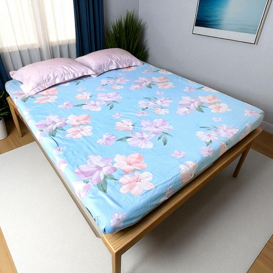 Floral Queen Pure Cotton Bedsheet — Blue-Q01