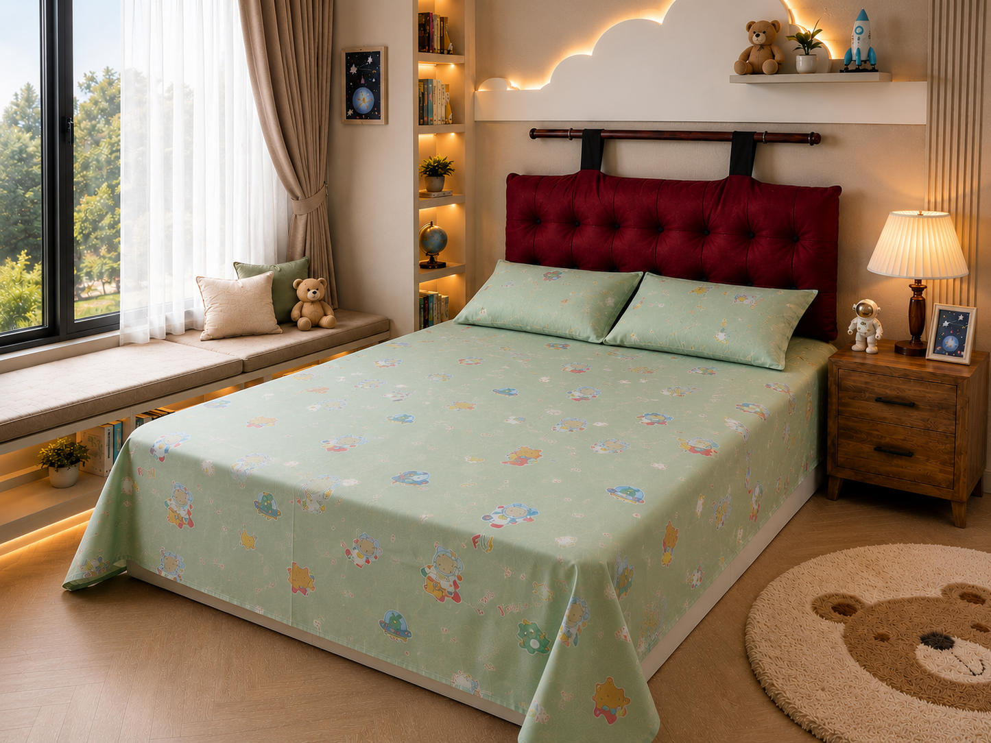 Astro Stories Kids King Pure Cotton Bedsheet-Green
