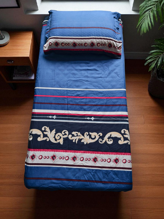 Geometric Single Glaze  Cotton Bedsheet —  Blue Stripes