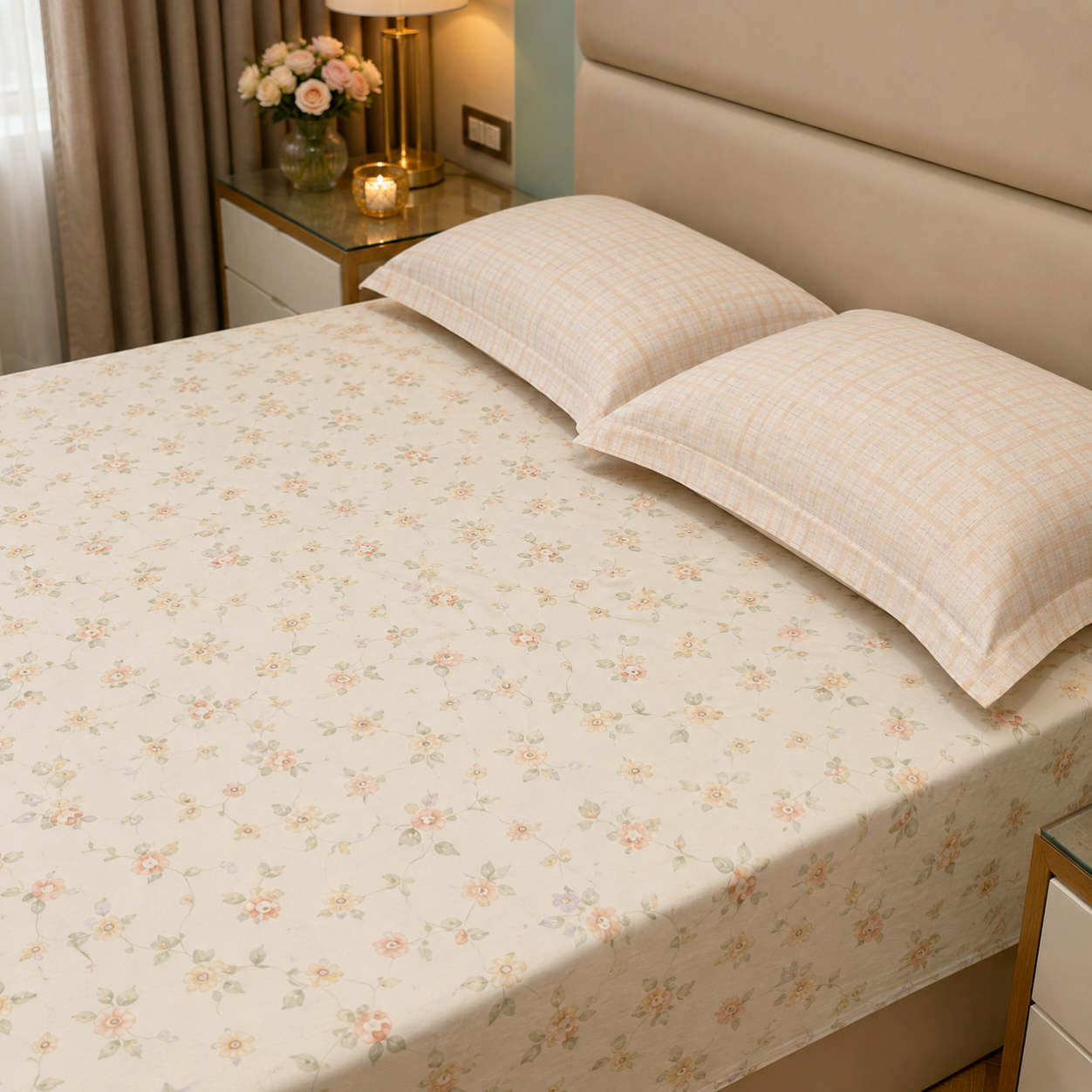 Floral Queen Pure Cotton Bedsheet —Cream