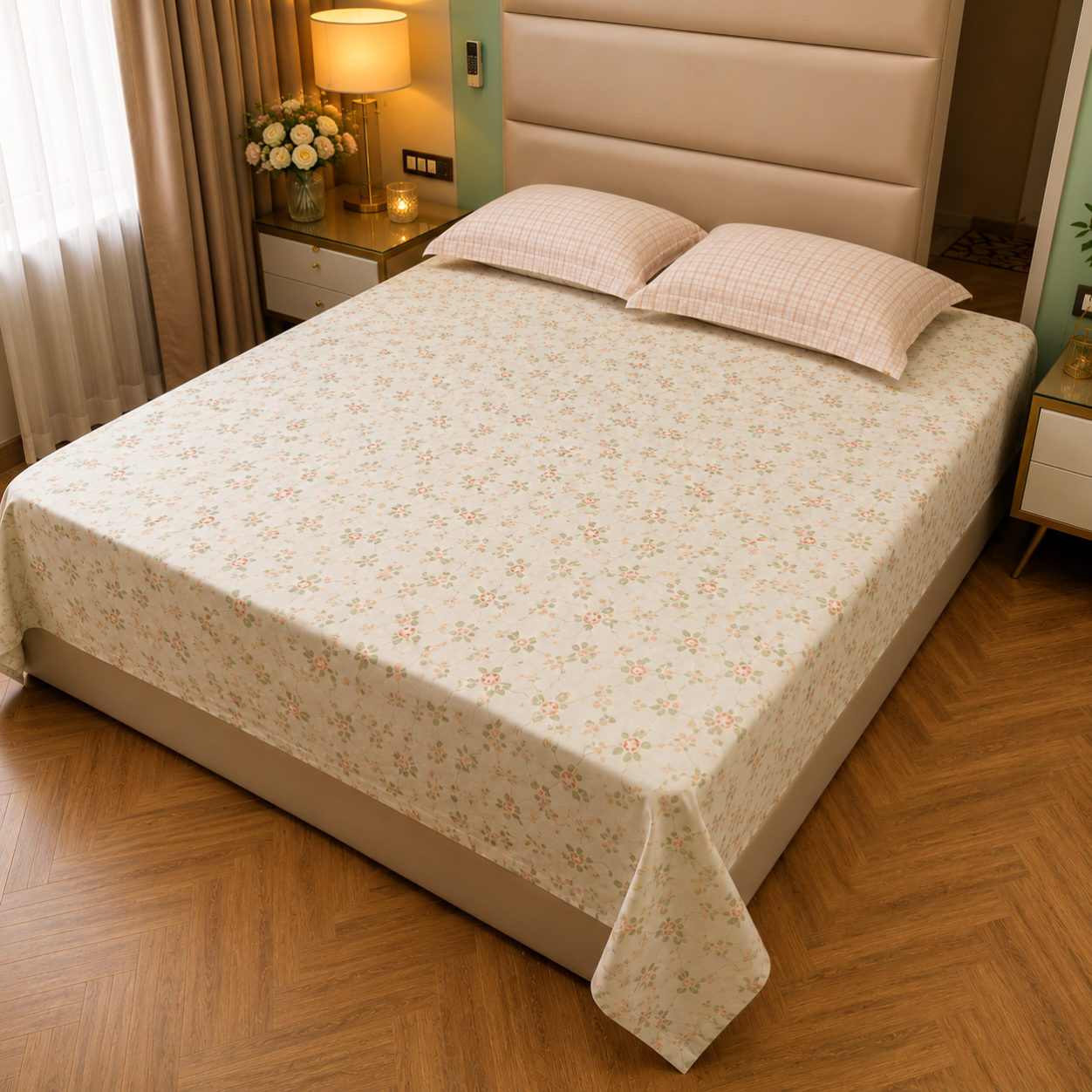Floral Queen Pure Cotton Bedsheet —Cream