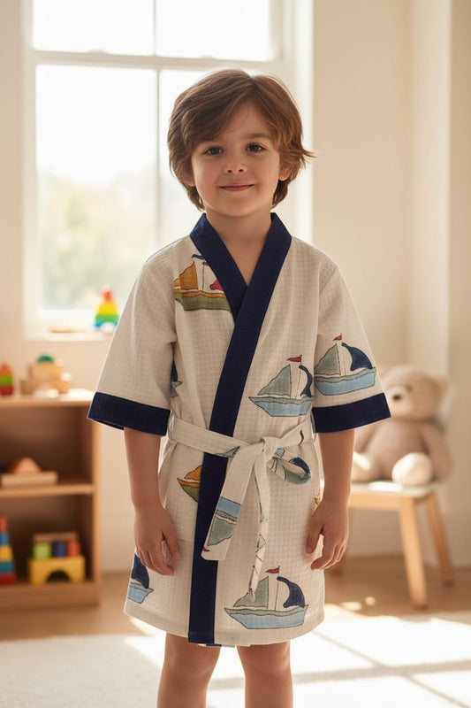 Kids Handblock Printed Waffle Bathrobe-Little Sailors
