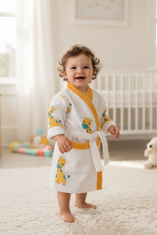 Kids Handblock Printed Waffle Bathrobe-  Sunny Giraffe