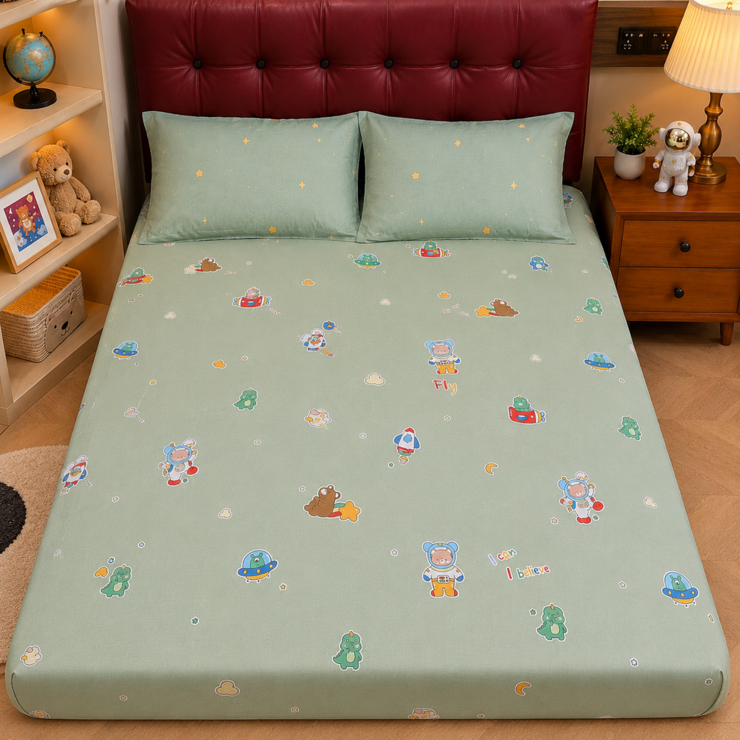 Astro Stories Kids King Pure Cotton Bedsheet-Green