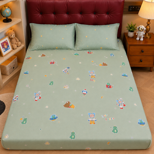 Astro Stories Kids King Pure Cotton Bedsheet-Green