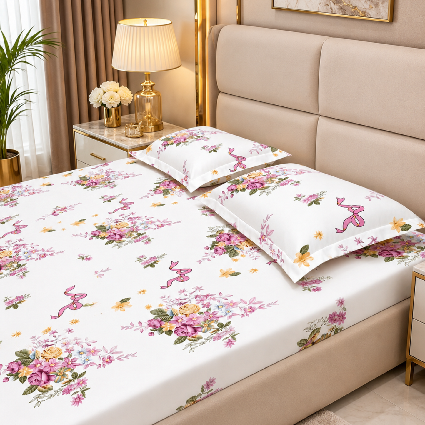 Floral Queen Glaze  Cotton Bedsheet —white