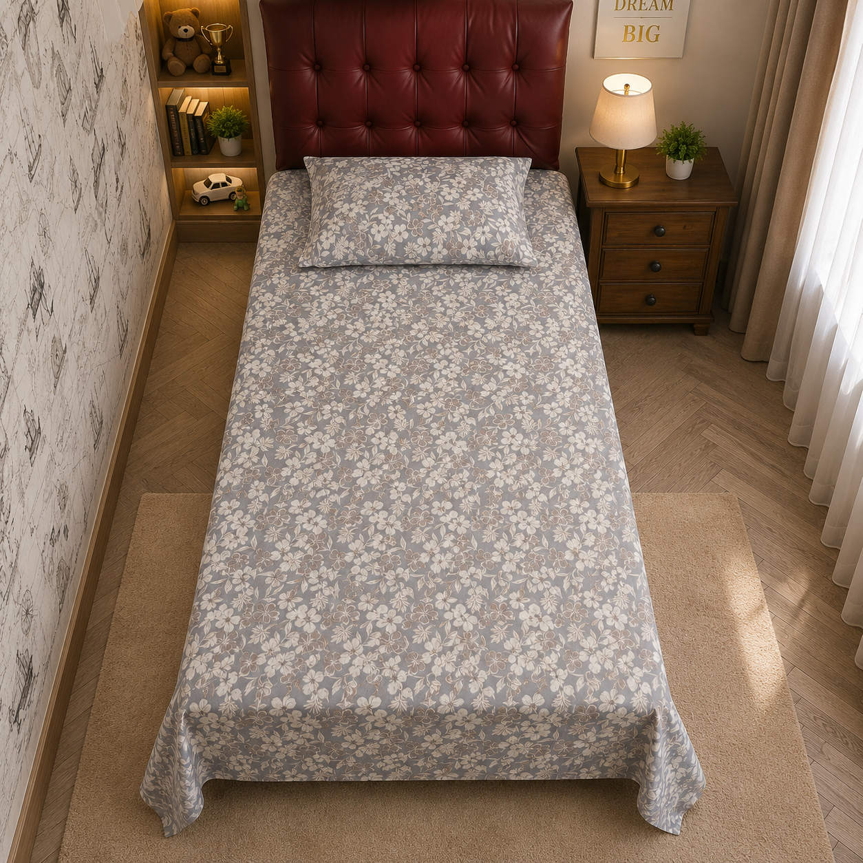 Floral Single Pure Cotton Bedsheet —Grey