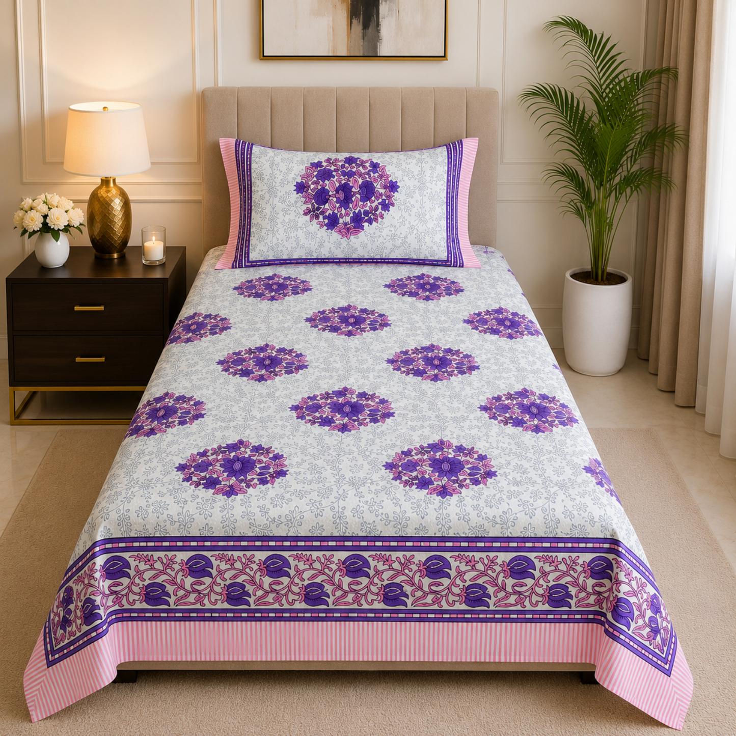 Floral Single Pure Cotton Bedsheet —Purple