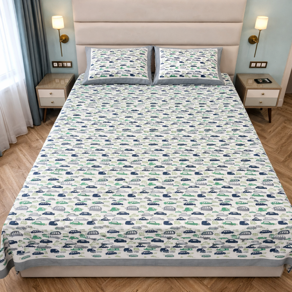 Mini Car King Pure Cotton Bedsheet- Multicolour