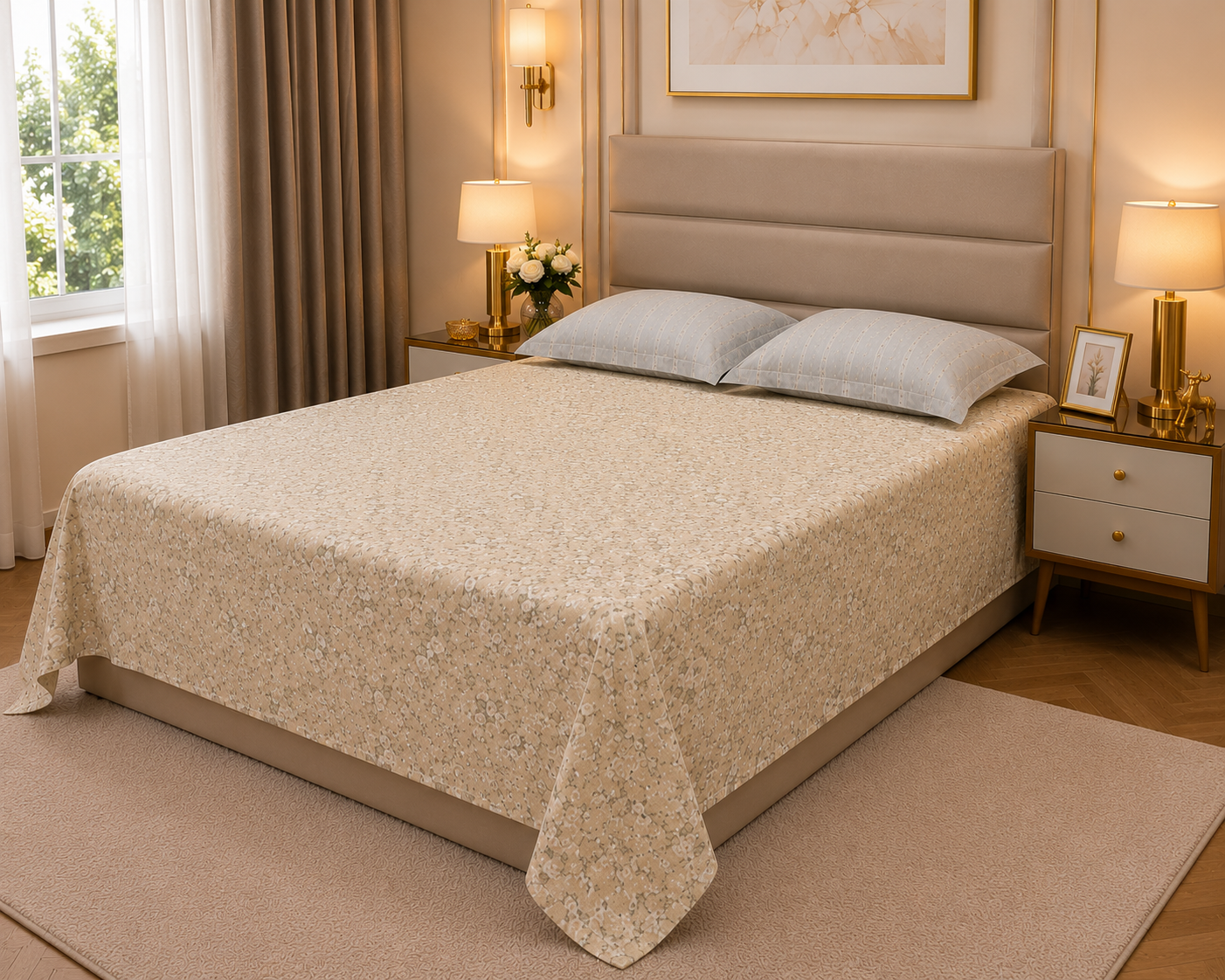 Floral Queen Pure Cotton Bedsheet —  Beige