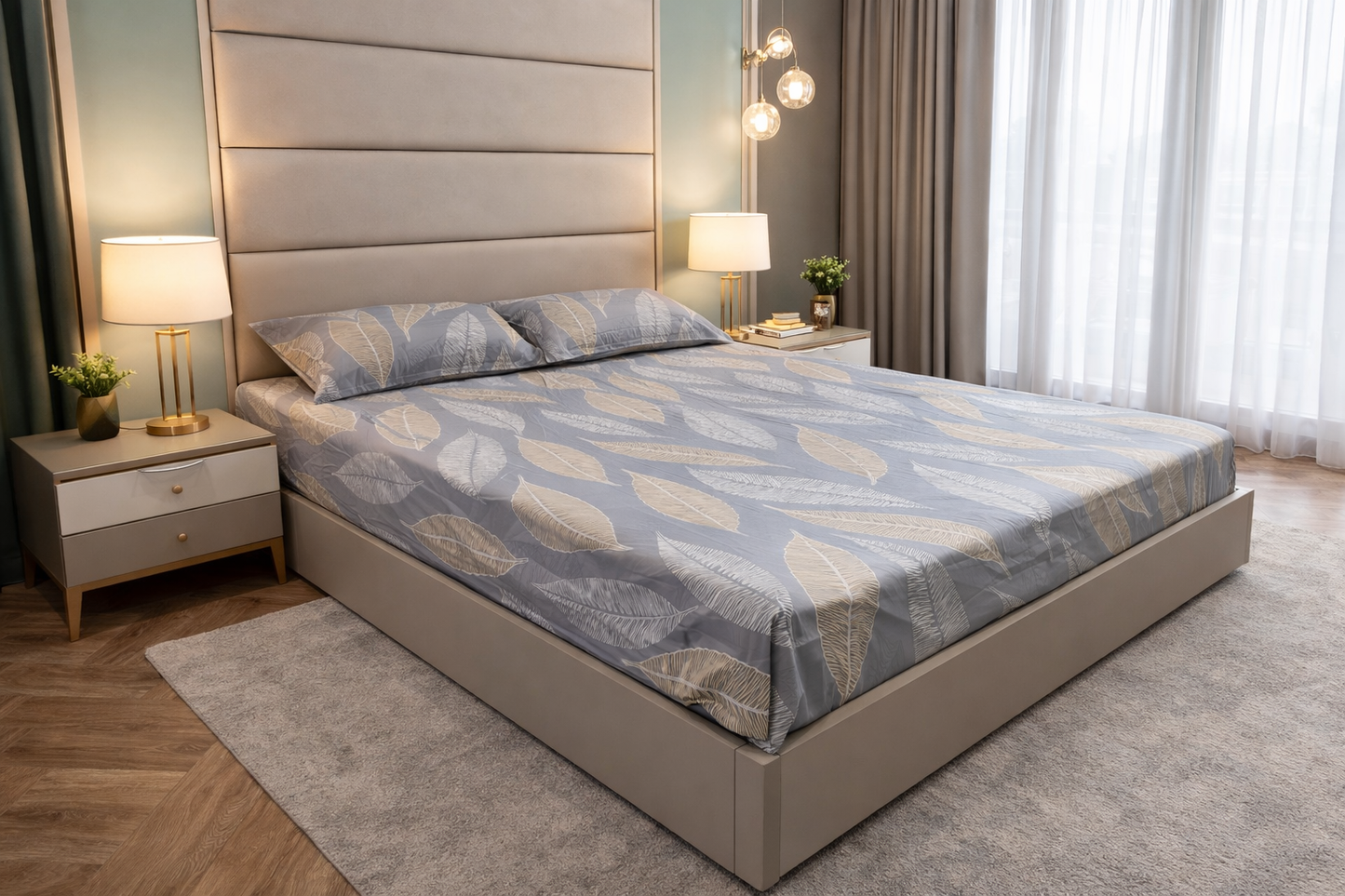 Floral Queen Pure Cotton Bedsheet —Grey Leafy Print