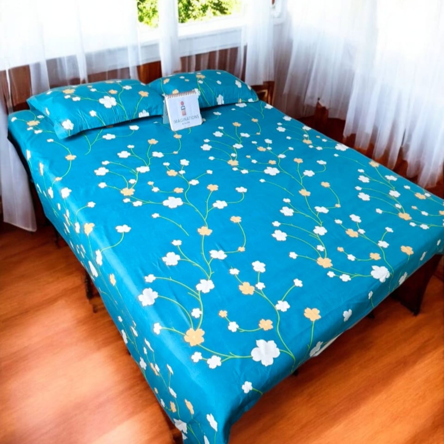 Floral Queen Glaze  Cotton Bedsheet — Blue -G04