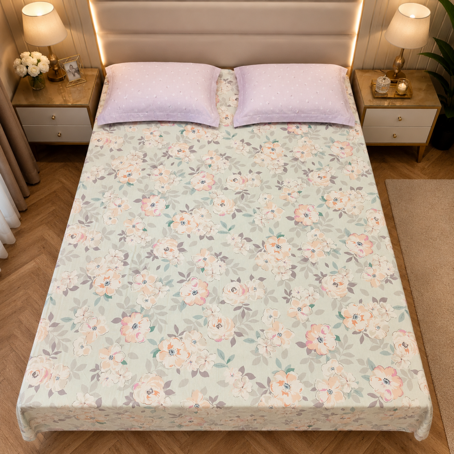 Floral Queen Pure Cotton Bedsheet —Pastel Green