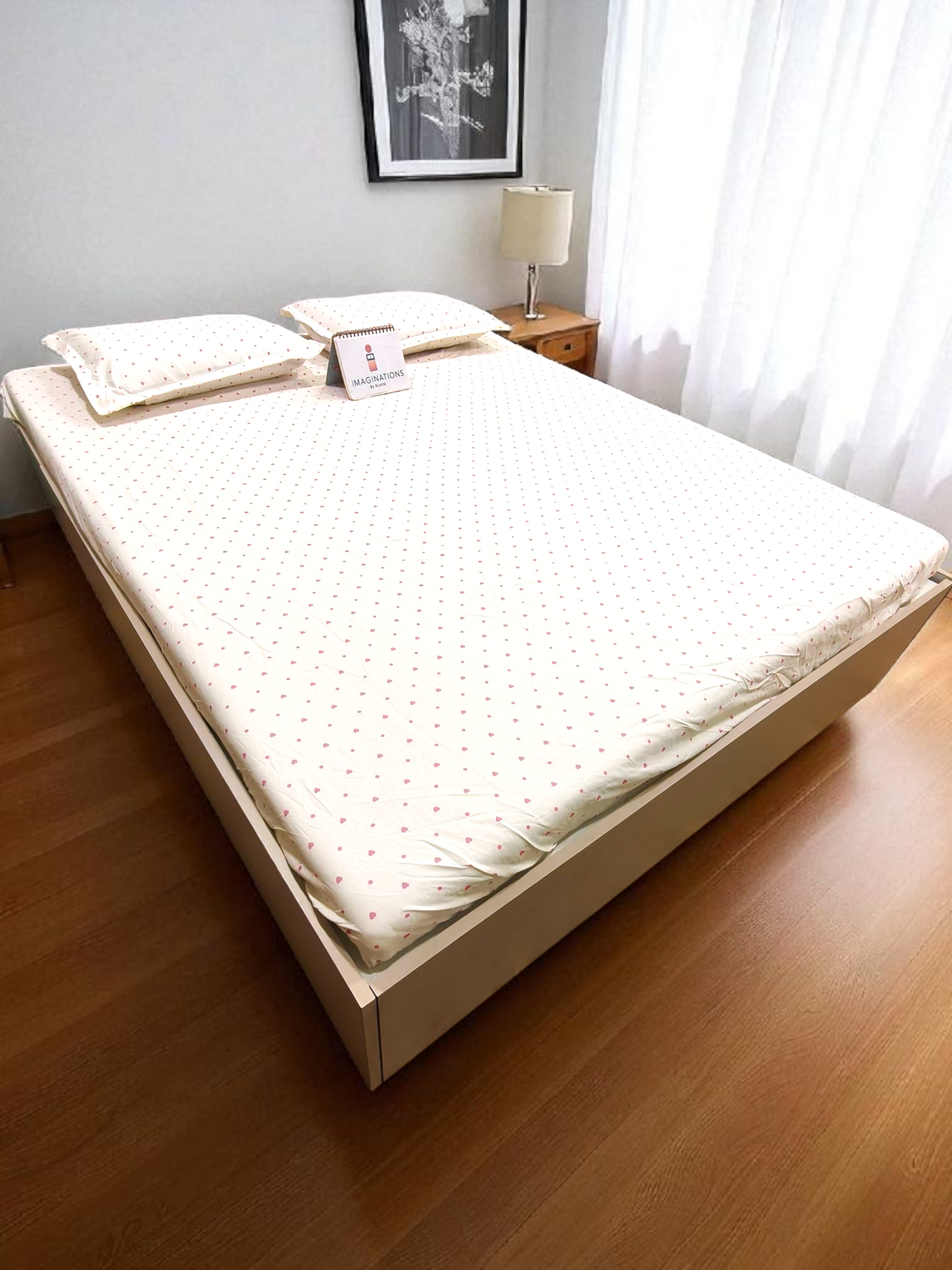 Geometric Queen Glaze  Cotton Bedsheet — Pink Hearts