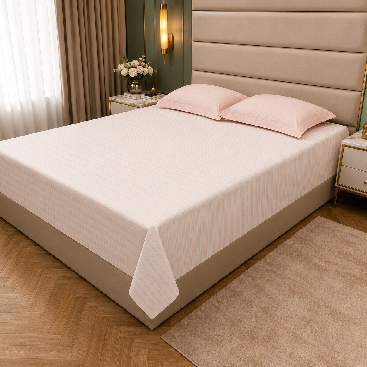 Geometric Queen Pure Cotton Bedsheet — Pink Stripes