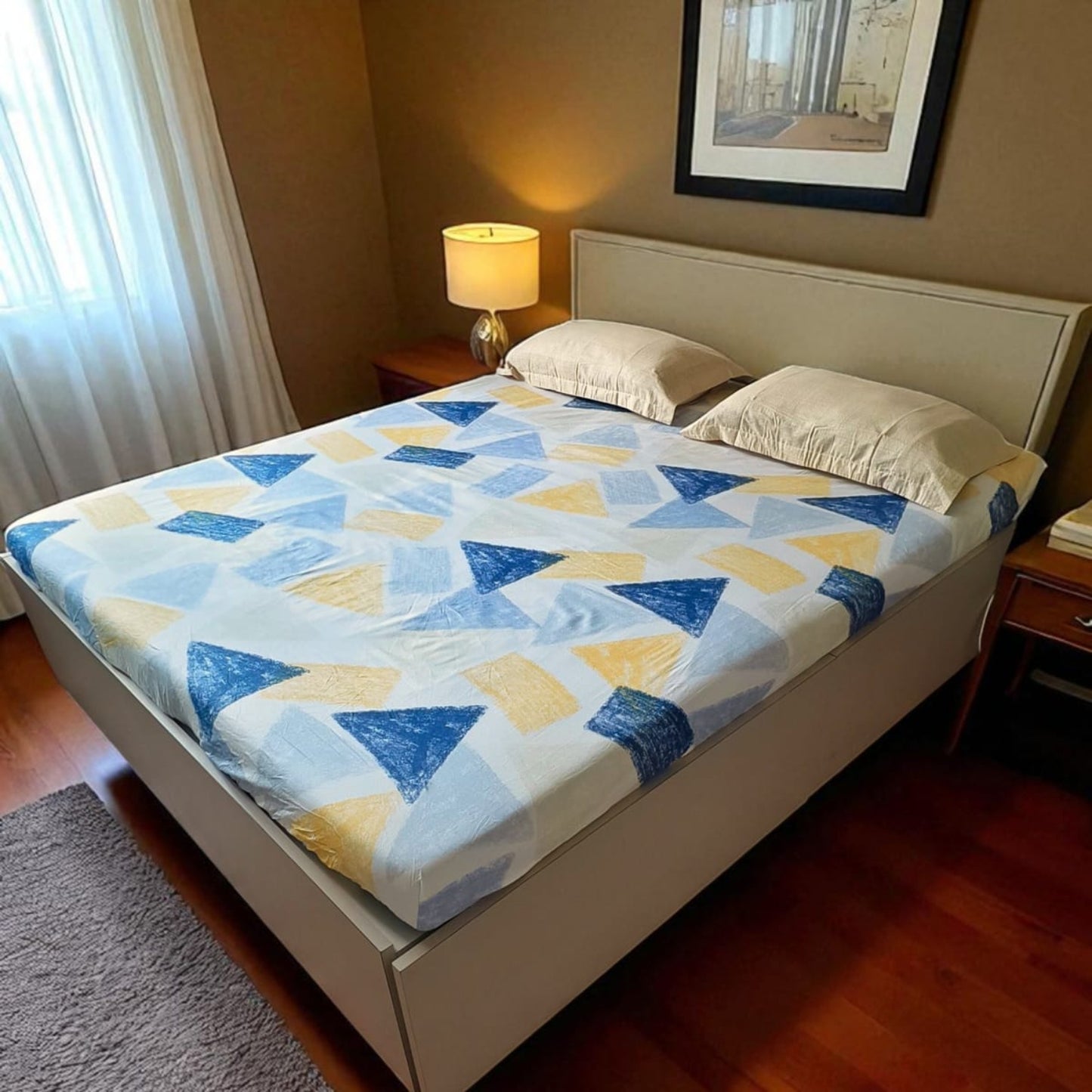 Geometric Queen Pure Cotton Bedsheet — Blue