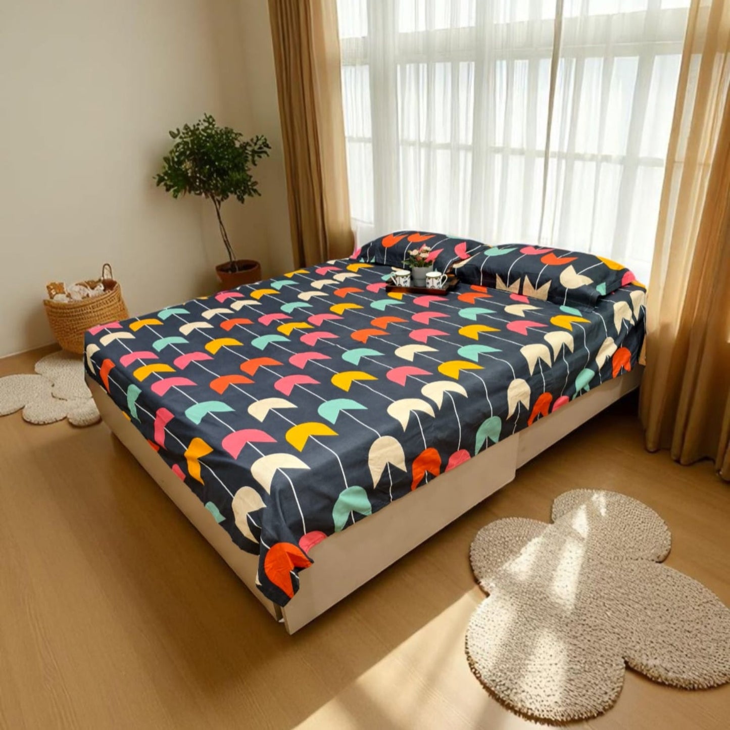 Floral Queen Glaze  Cotton Bedsheet — Black